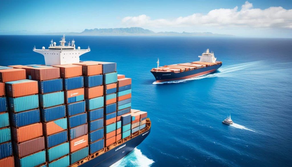 A vibrant scene of three cargo ships transporting shipping containers across a clear, blue ocean with distant islands visible on the horizon.