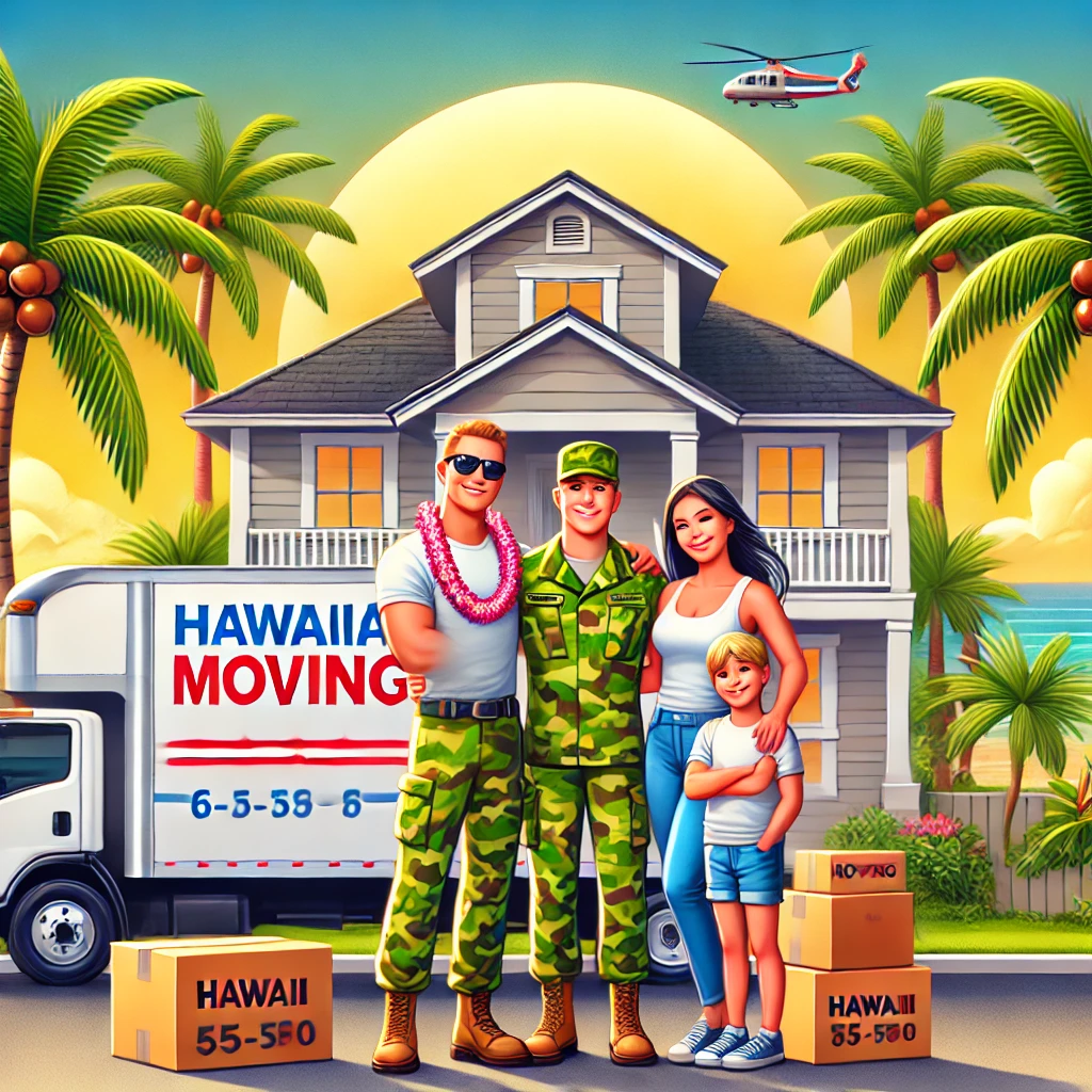 A happy military family standing in front of their new home in Hawaii with a 'Hawaiian Moving' truck parked nearby. The family, including a soldier in uniform, his spouse, and two children, are surrounded by tropical scenery featuring palm trees and a distant ocean view.